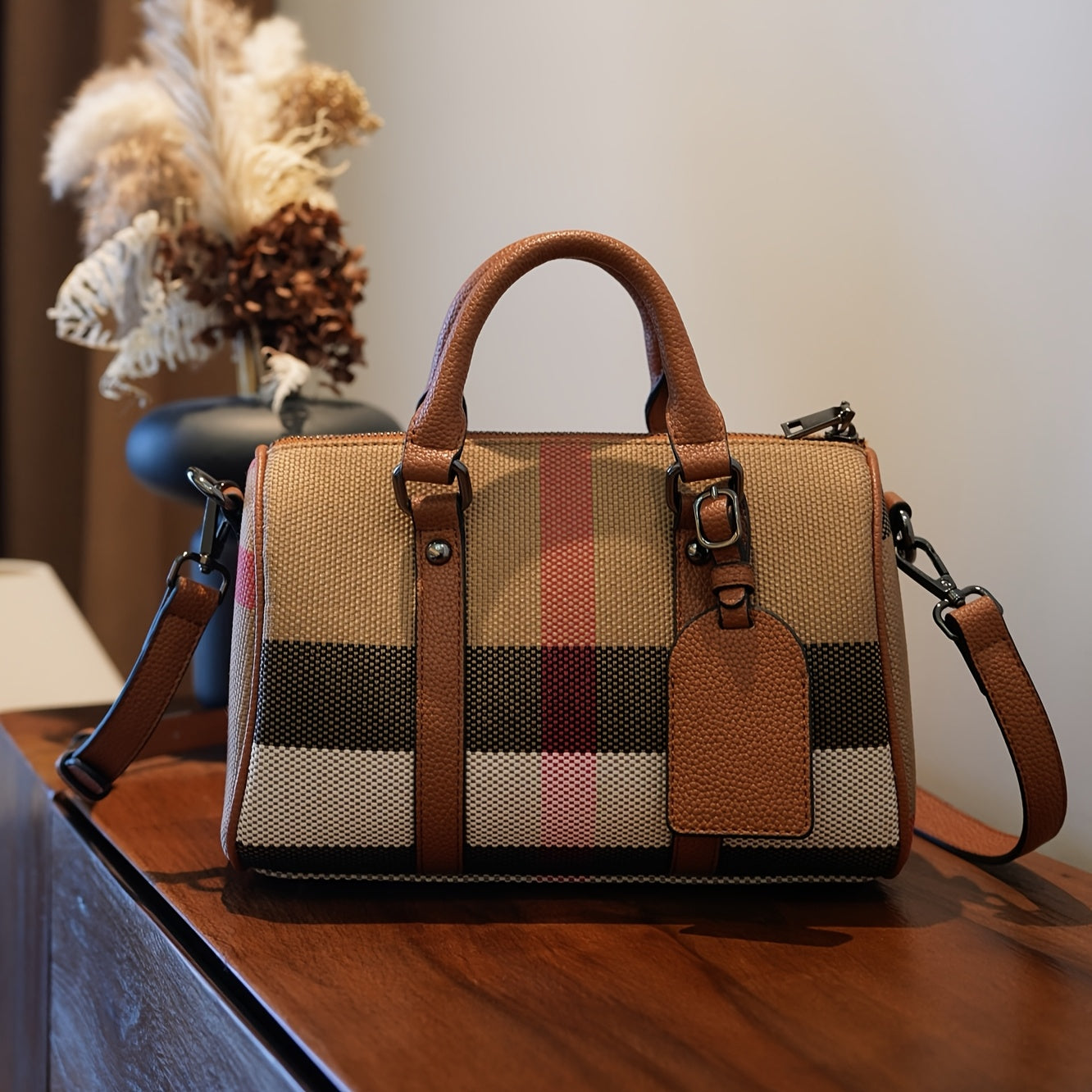 Striped Boston Pillow Handbag Light Brown with Red Accents