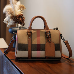 Striped Boston Pillow Handbag Light Brown with Red Accents