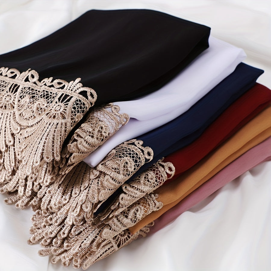Chiffon Lace Embroidery Scarf Solid Hijab Silk Head Wrap Bandana