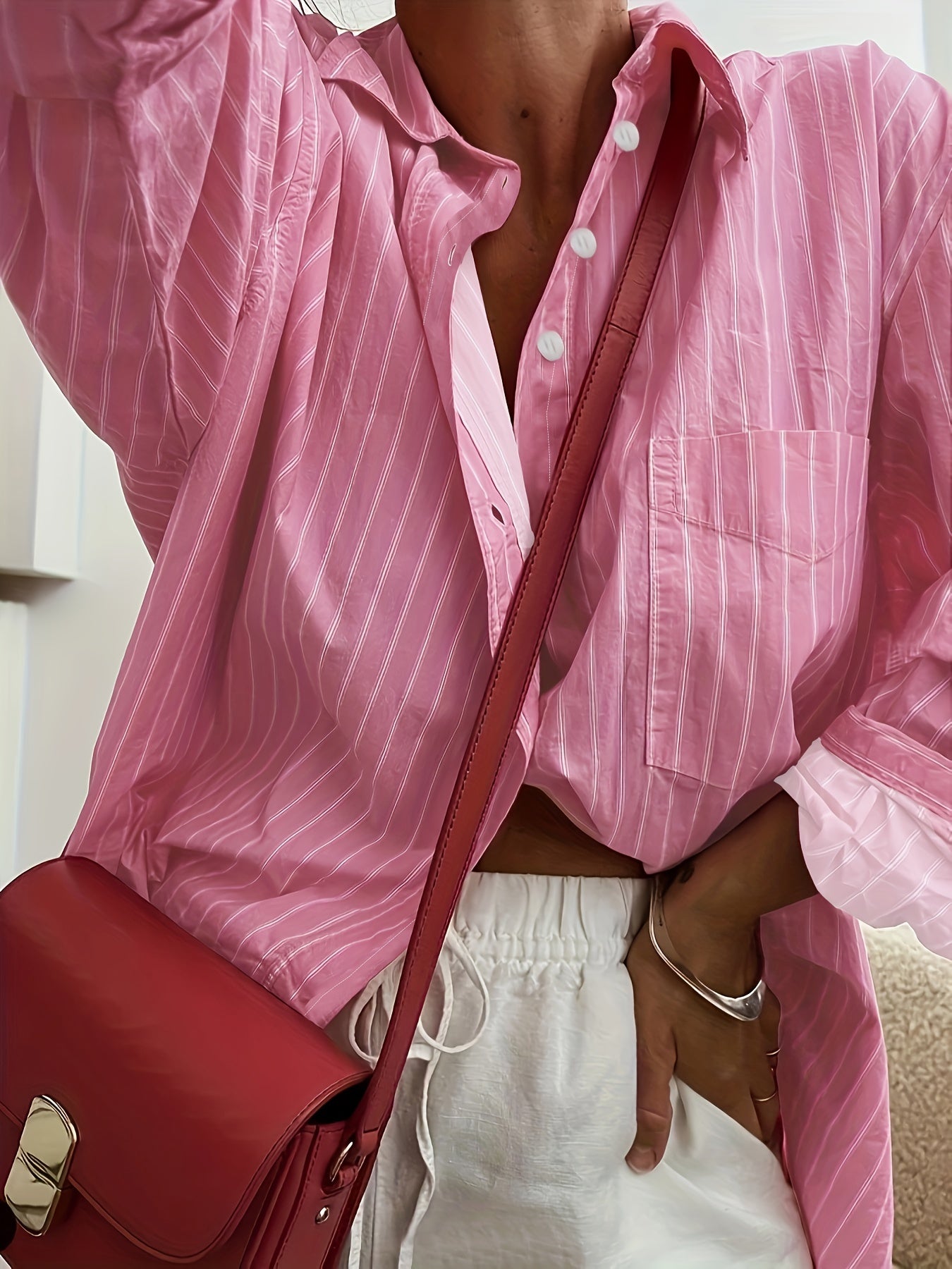  Striped Button Up Long Sleeve Blouse