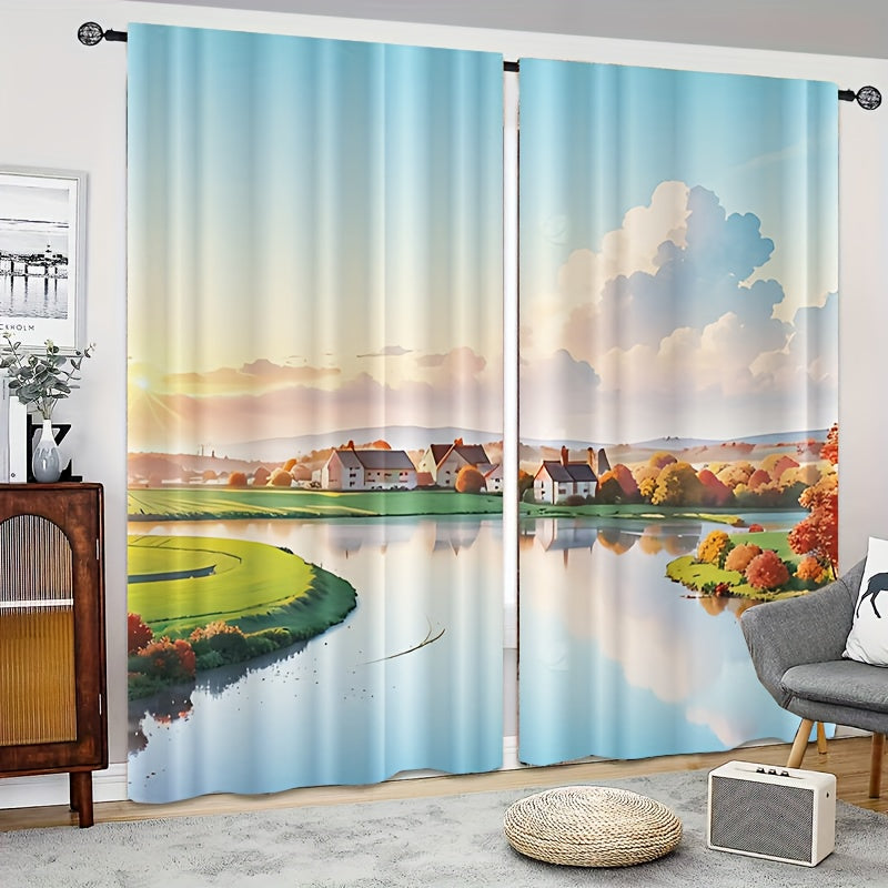 Cartoon Sky Clouds Grassland Village Window Curtains And Tapestries
