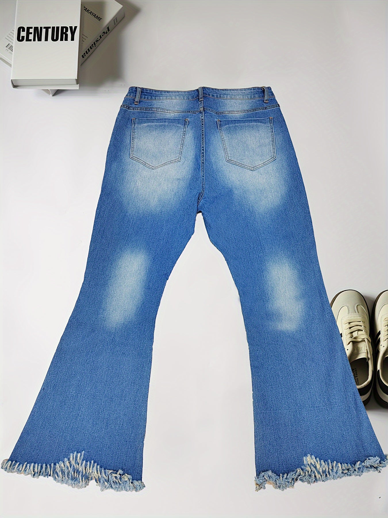  Women's Ripped Raw Trim High Rise Flared Leg Jeans