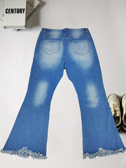  Women's Ripped Raw Trim High Rise Flared Leg Jeans