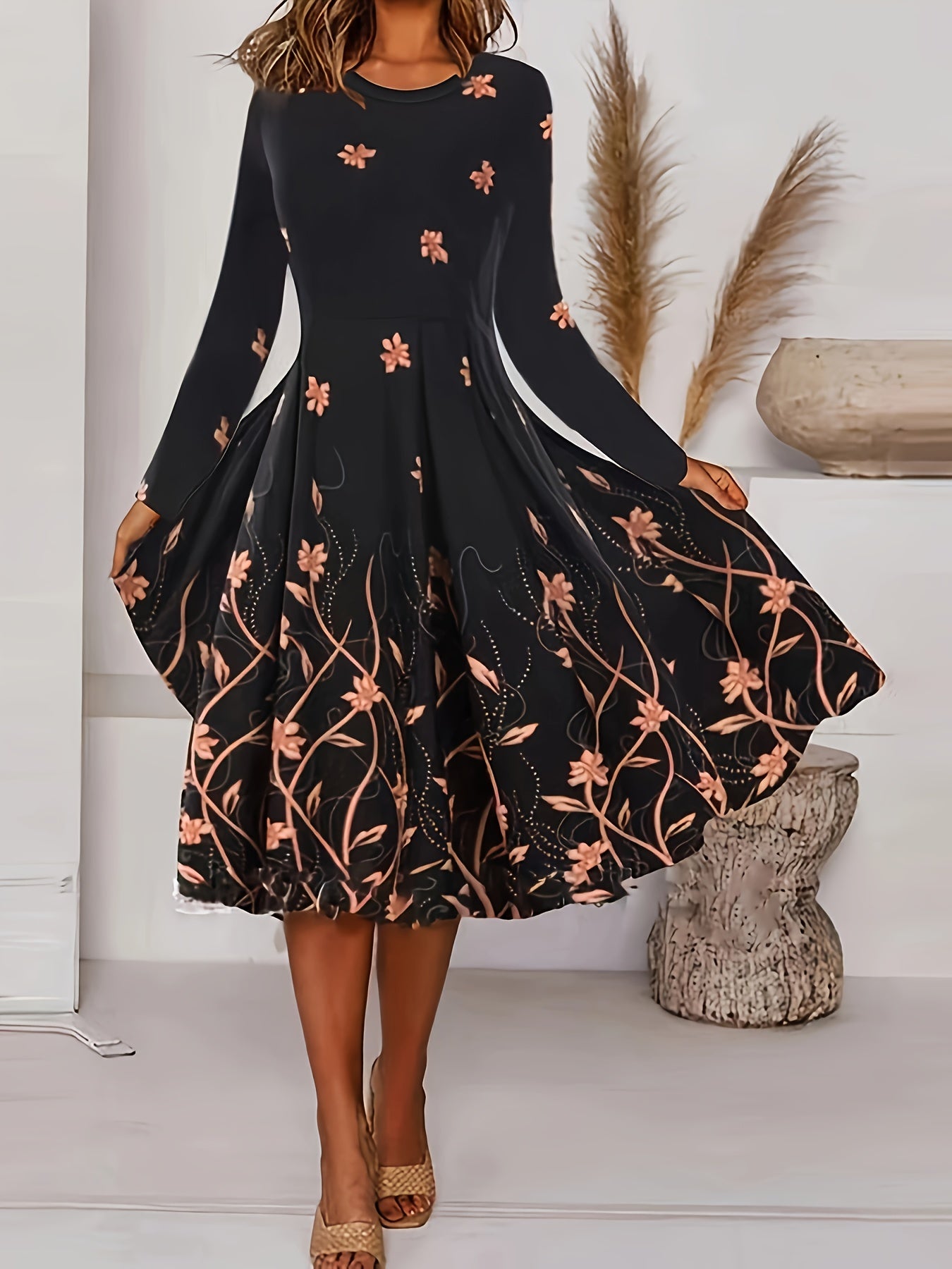  Floral Print Long Sleeve Round Neck Midi Dress