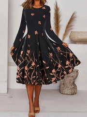  Floral Print Long Sleeve Round Neck Midi Dress