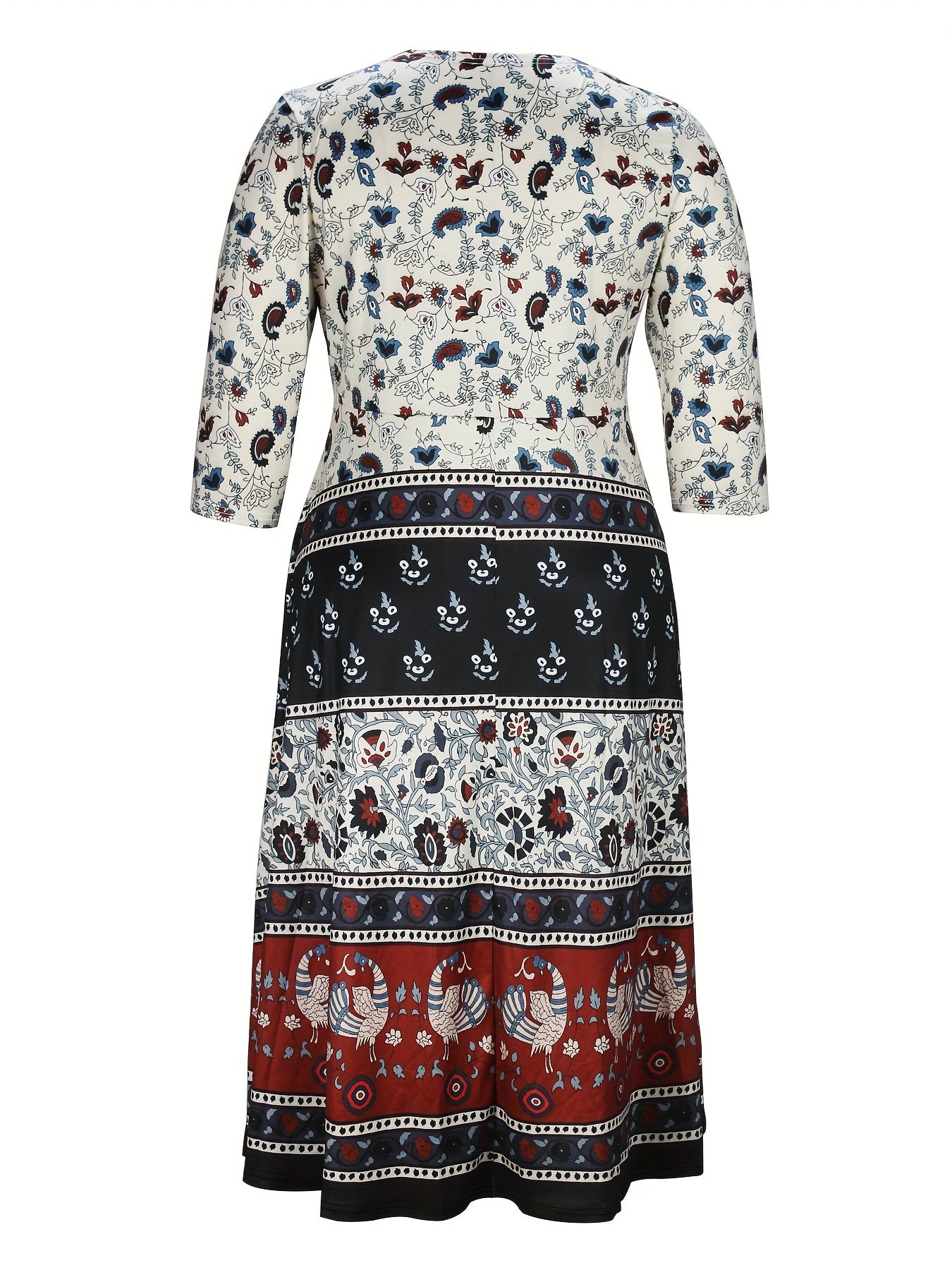 Women's Plus Tribal & Floral Print Three Quarter Sleeve Round Neck Maxi Dress