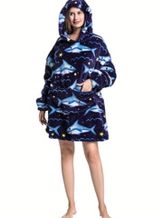  Shark Pattern Fluffy Fleece Long Sleeve Hooded Wearable Blanket