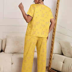  Floral Print Pajama Set Short Sleeve Top & Pants Two Piece Set