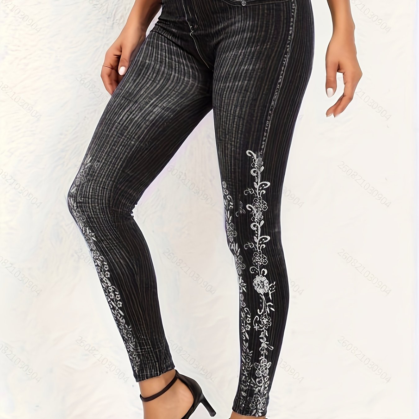  Floral Denim Print Leggings High Rise Medium Stretch