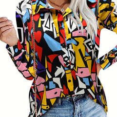  Allover Print Button Up Lantern Sleeve Blouse