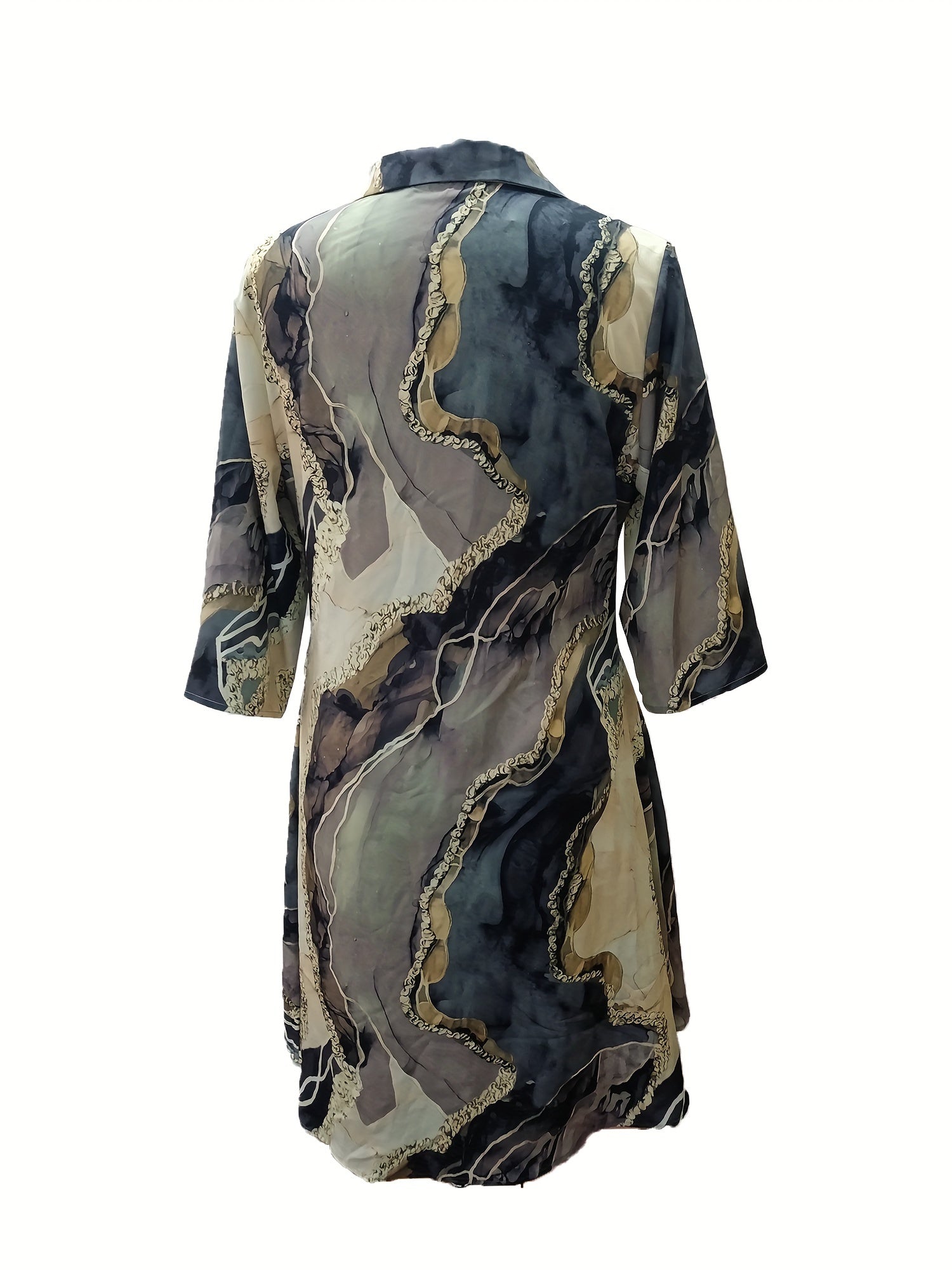  Marble Print Half Sleeve V Neck Dress With Pockets