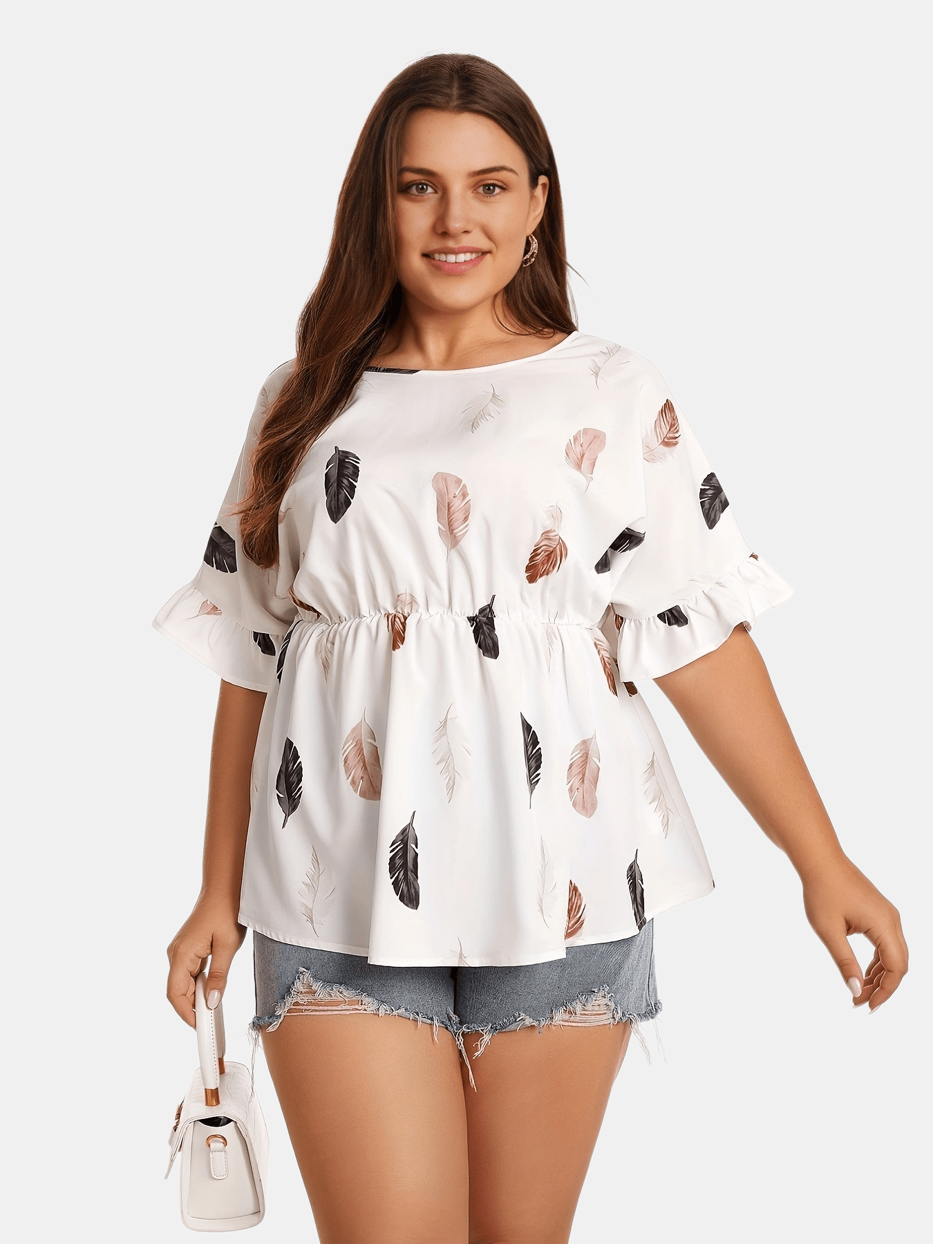  Feather Print Ruffle Trim Criss Cross Short Sleeve Tee