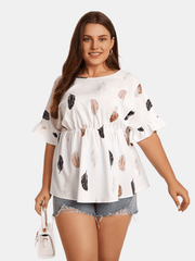  Feather Print Ruffle Trim Criss Cross Short Sleeve Tee