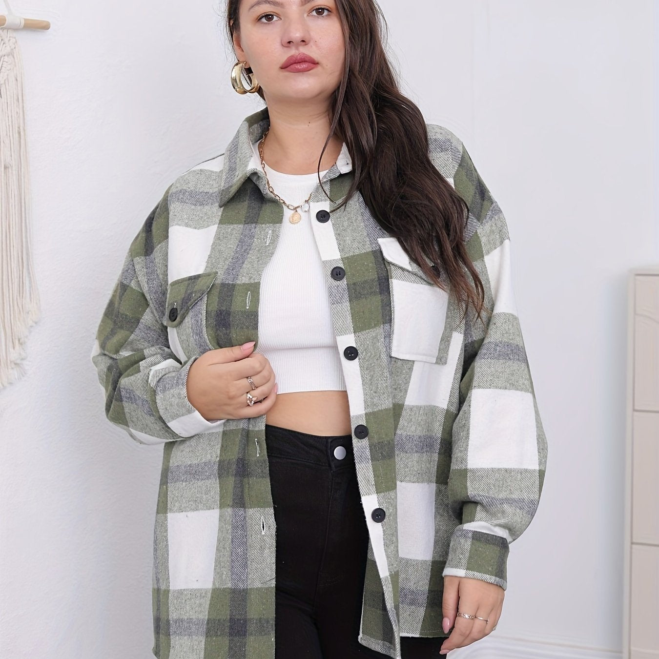  Plaid Print Button Up Collar Shirt Top