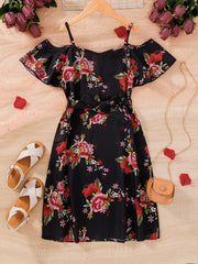 Girls Chiffon Flowers Print Cold Shoulder Dress With Belt