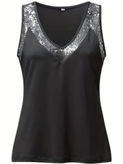  Sequin V Neck Tank Top Women's Casual Slight Stretch Tank Top