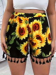  Sunflower Print Fringe Trim Wide Leg Shorts