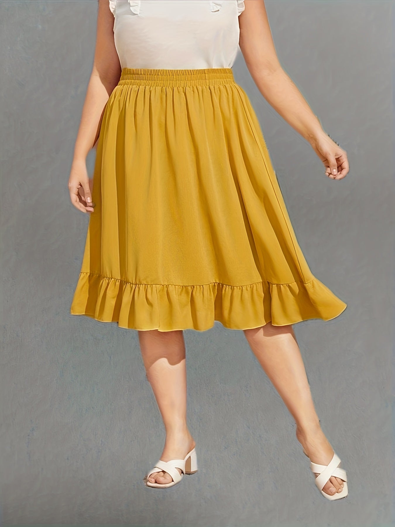  Casual Skirt Women's Plus Solid Ruffle Trim Midi Skirt