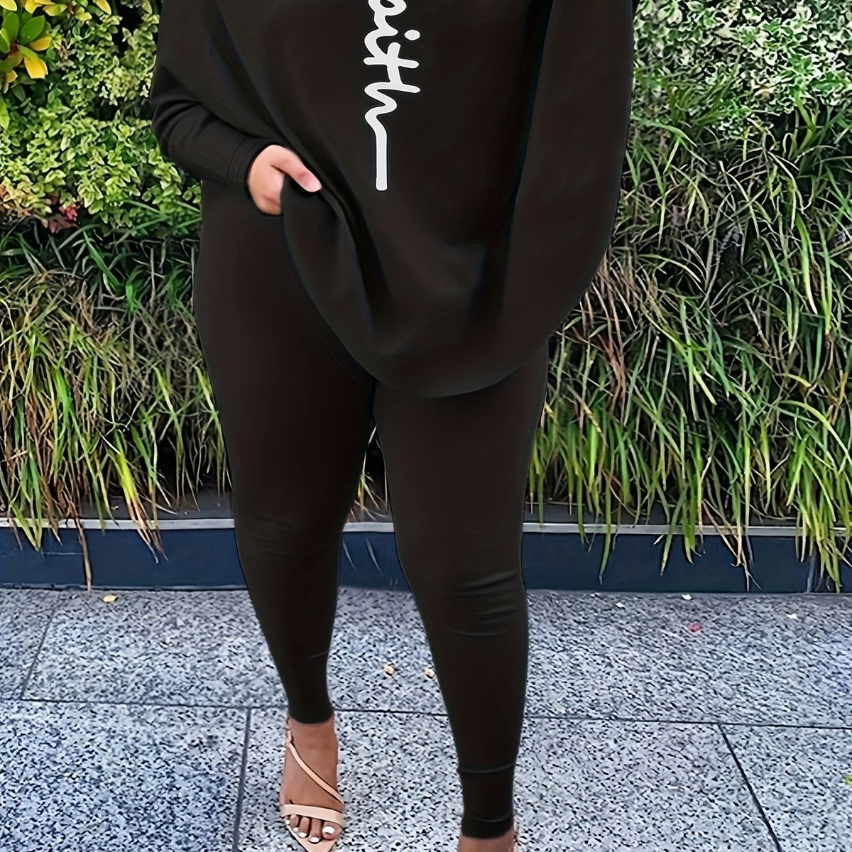 Plus Size Casual Outfit Women's Plus Cross Letter Print Top & Pants Set