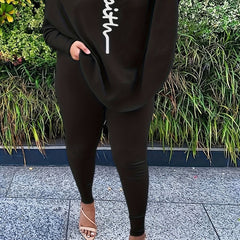 Plus Size Casual Outfit Women's Plus Cross Letter Print Top & Pants Set