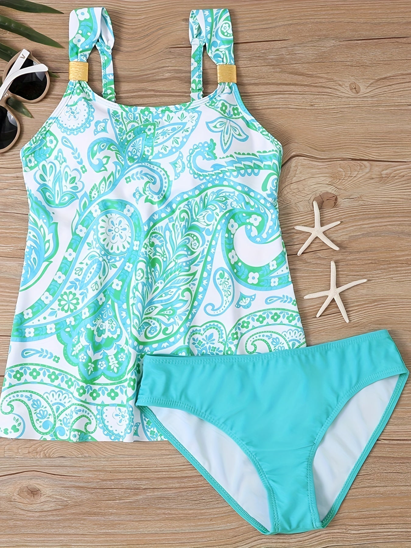  Boho Tankini Set Paisley Print Cami Top & Panty Swimsuit