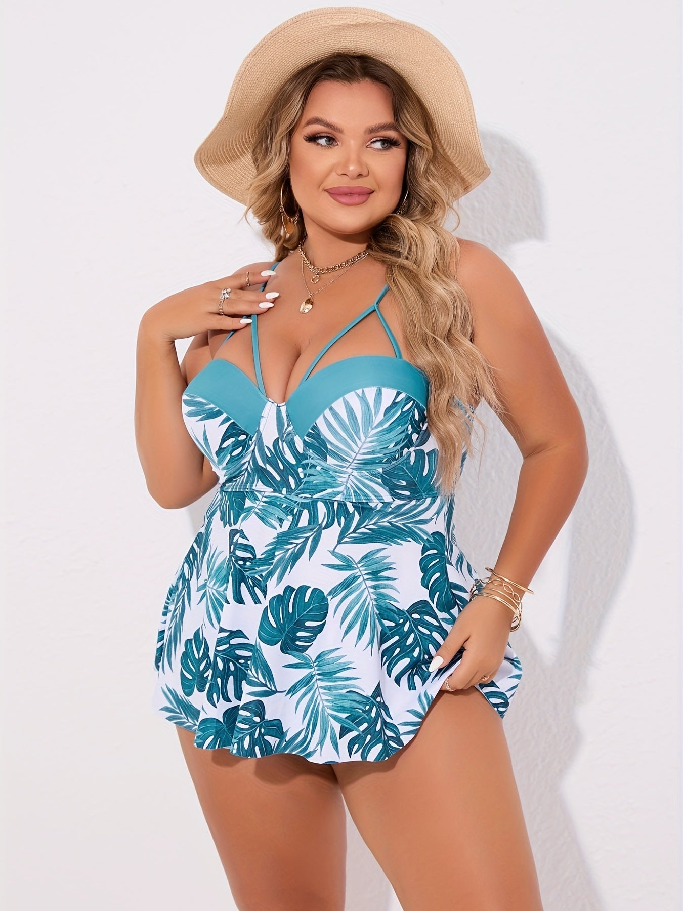  Tropical Print Cut Out Top & Panties Swimsuit Set