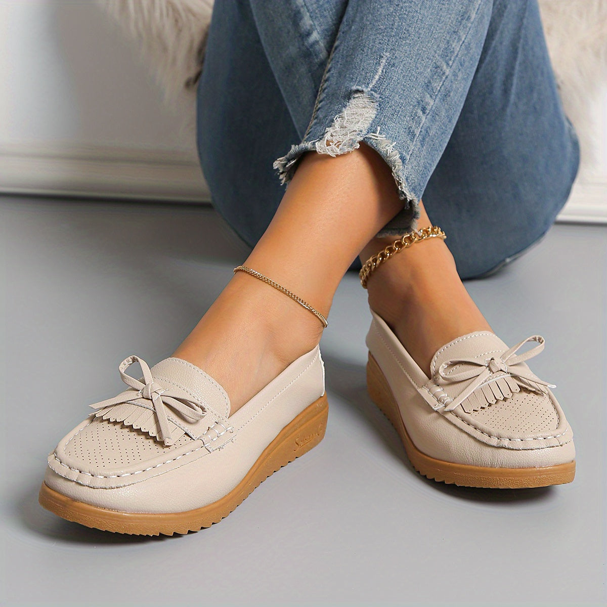 Women's Bow Wedge Loafers Comfy Slip On Shoes Casual Walking