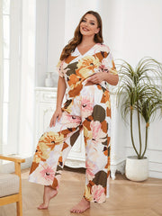  Floral Print V-Neck Tee & Wide Leg Pants Loungewear Set