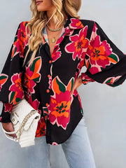  Floral Print Button Up Lantern Sleeve Blouse