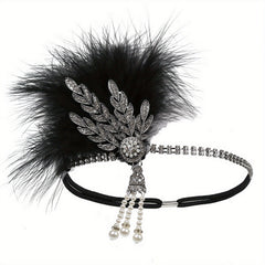 Rhinestone Flapper Headband with Feather & Pearl Tassel