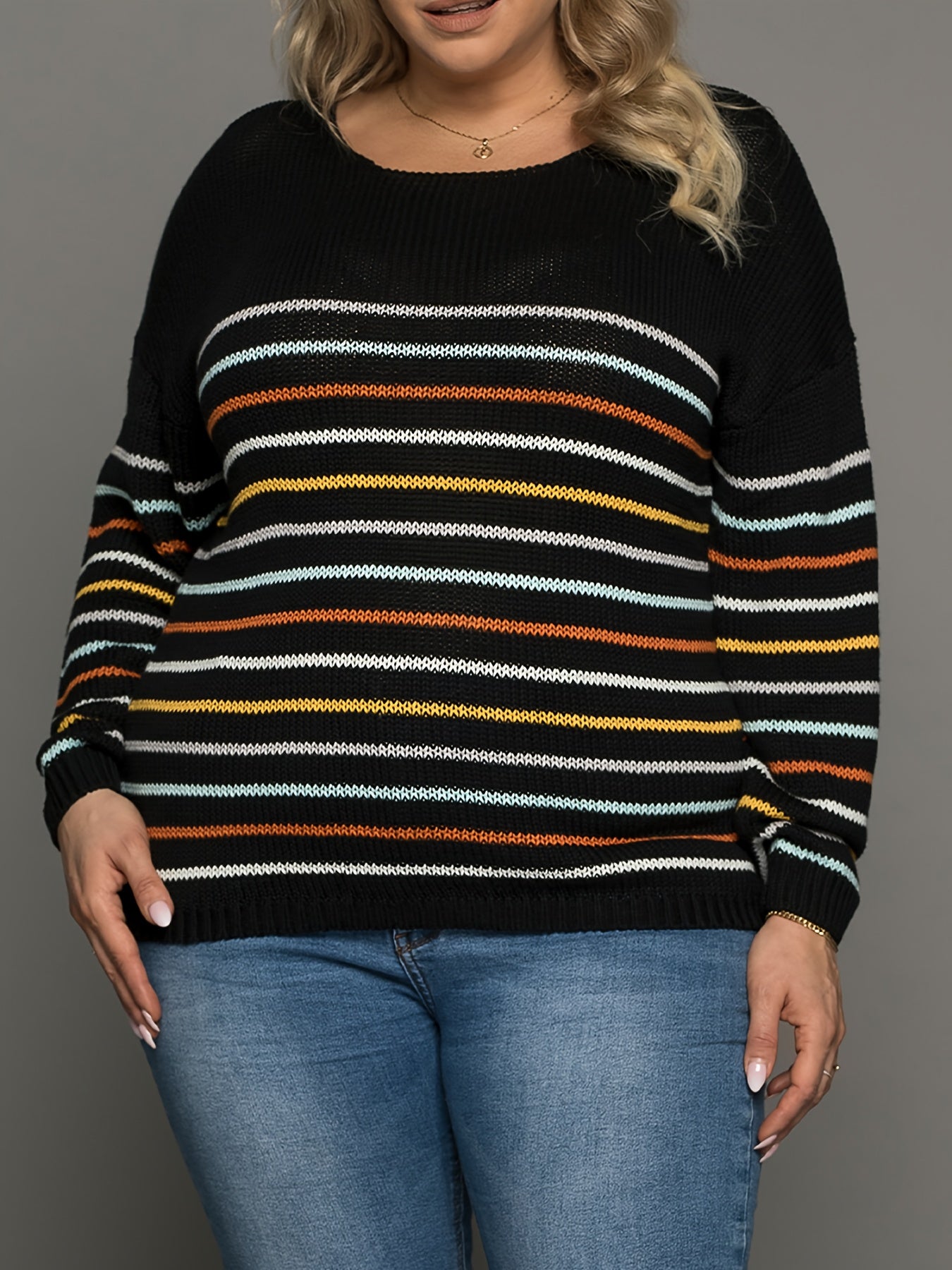  Colorful Stripe Print Long Sleeve Round Neck Pullover Sweater