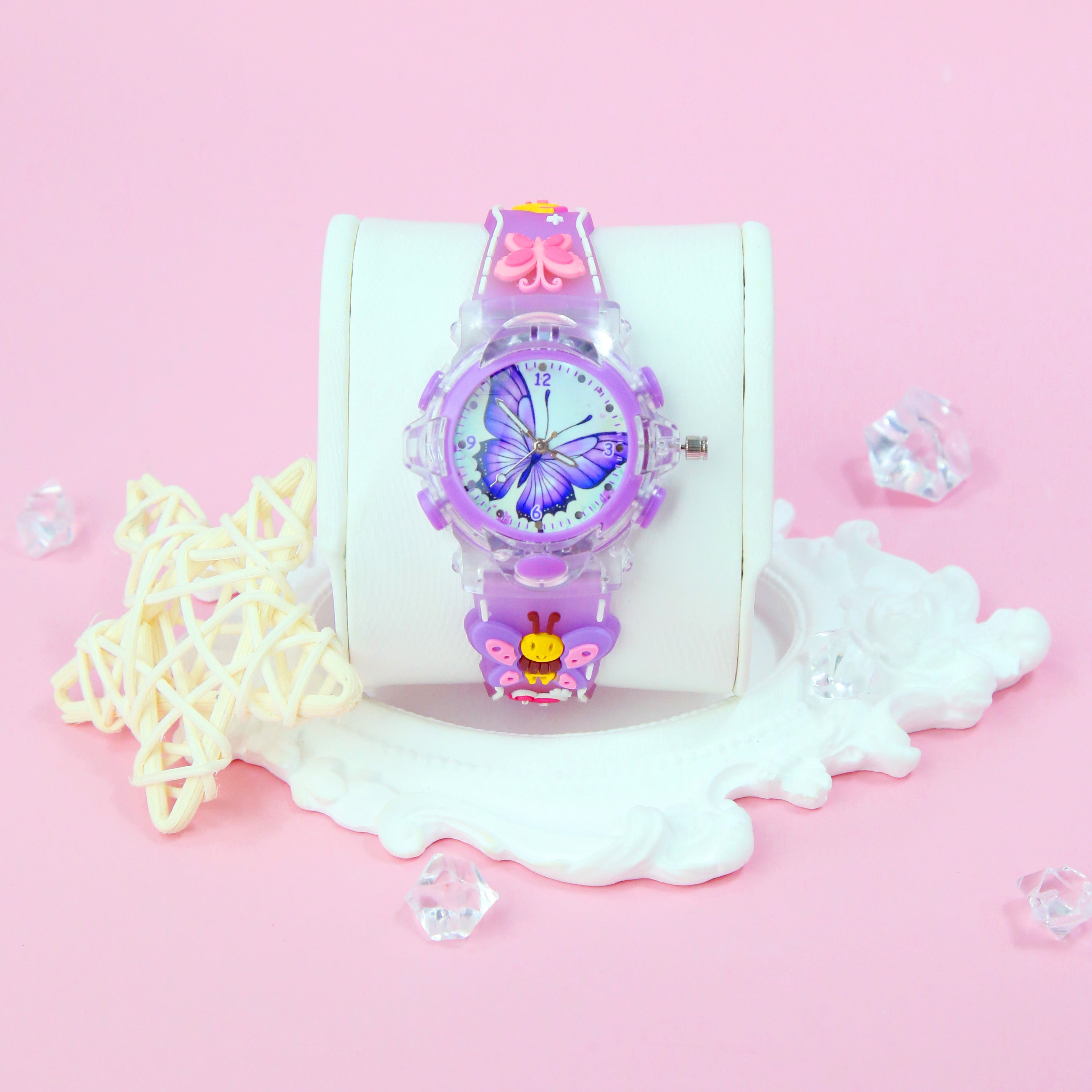 Butterfly Quartz Watch Glowing Hands Soft Silicone Strap Pink Dial Charms