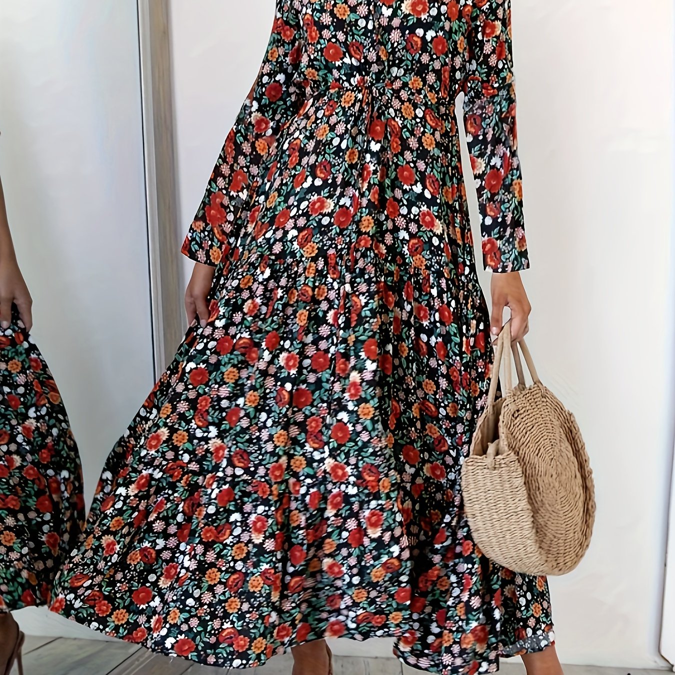  Floral Print Long Sleeve V Neck Maxi Dress