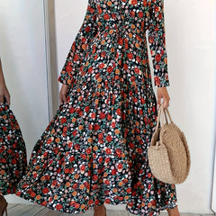  Floral Print Long Sleeve V Neck Maxi Dress