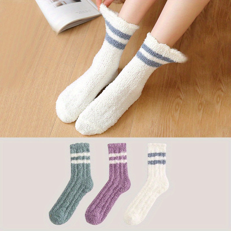 3 Pairs Striped Fuzzy Socks Warm Floor Socks Women's Stockings