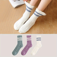 3 Pairs Striped Fuzzy Socks Warm Floor Socks Women's Stockings