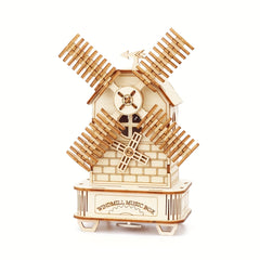 3D Wooden Windmill Puzzle Music Box Golden Mechanical Model Ideal Gift
