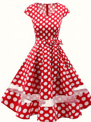  Polka Dot Print V Neck Mesh Dress