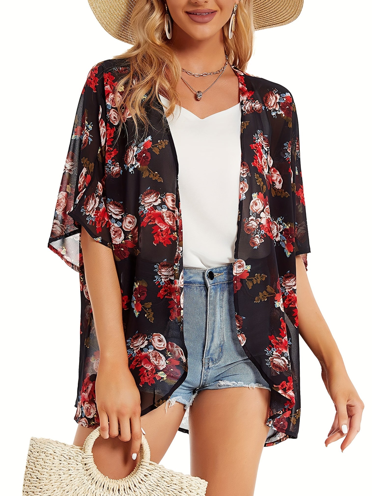  Floral Print Bat Sleeve Summer Cardigan