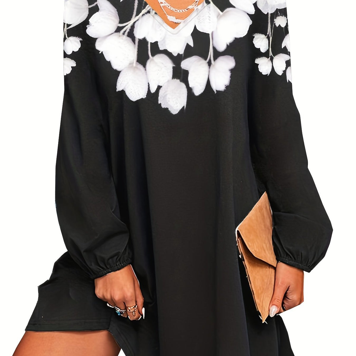 Floral V Neck Dress Long Sleeve Casual Summer