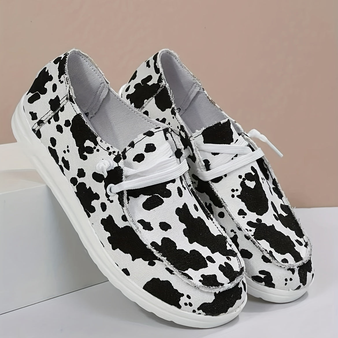 Women's Cow Pattern Canvas Shoes Casual Low Top Lace Up Slip On Walking Shoes