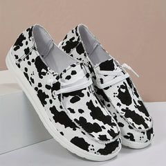 Women's Cow Pattern Canvas Shoes Casual Low Top Lace Up Slip On Walking Shoes