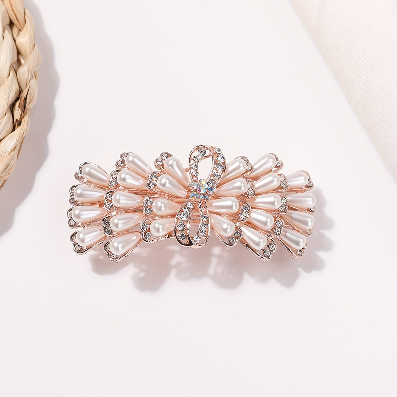 Faux Pearl Rhinestone Bow Hair Clip for Women Girls
