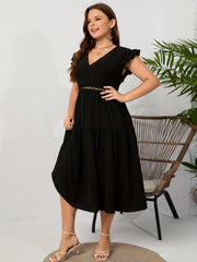 Plus Size V Neck Lace Ruffle Sleeve Stretch Dress