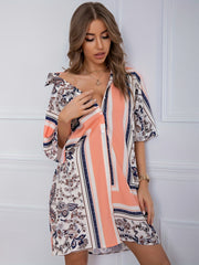  Colorblock Paisley Print Button Up Boho Dress