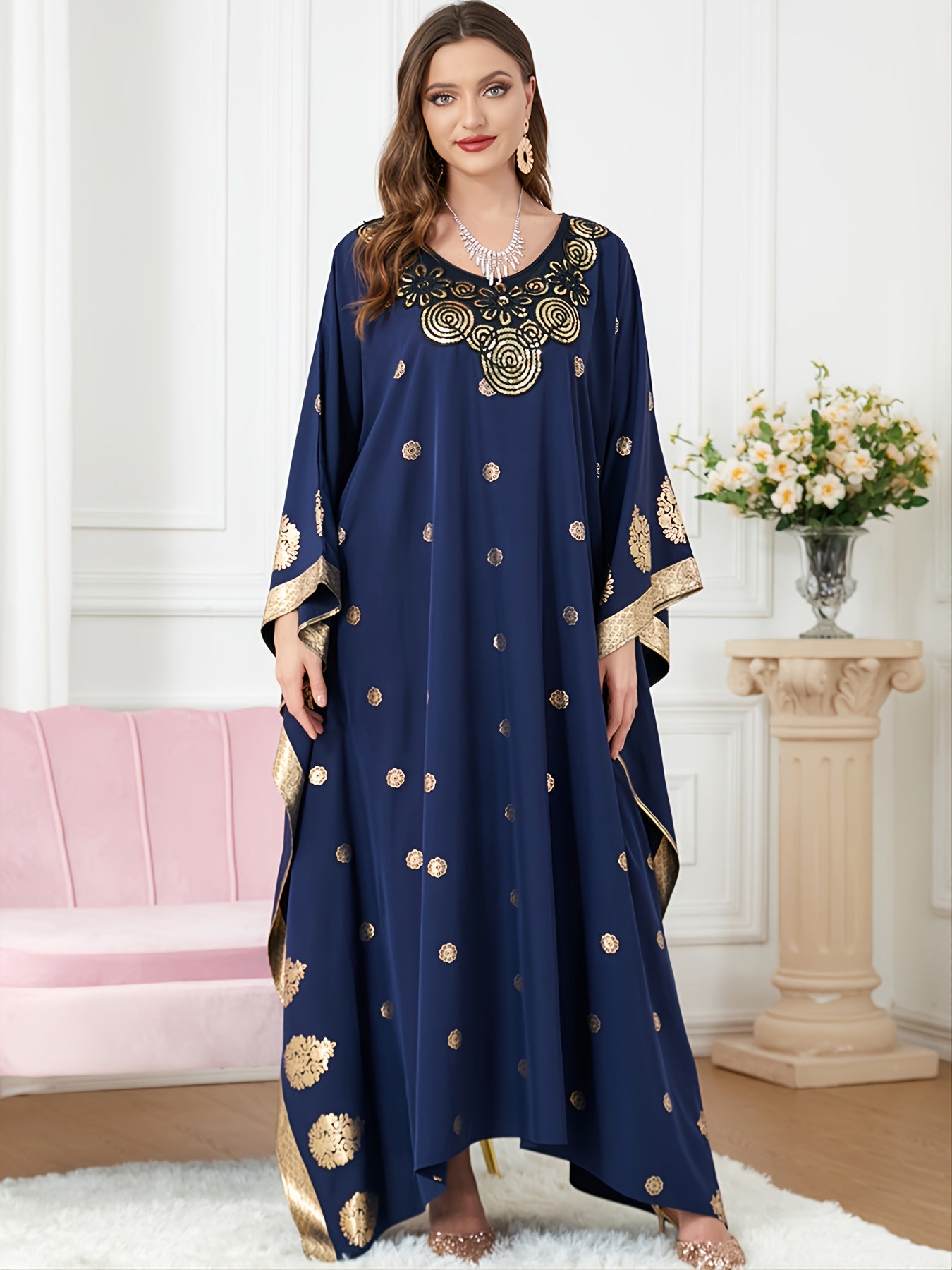  Batwing Sleeve Abaya Long Dress Women's Plus Loose Fit Round Neck Abay