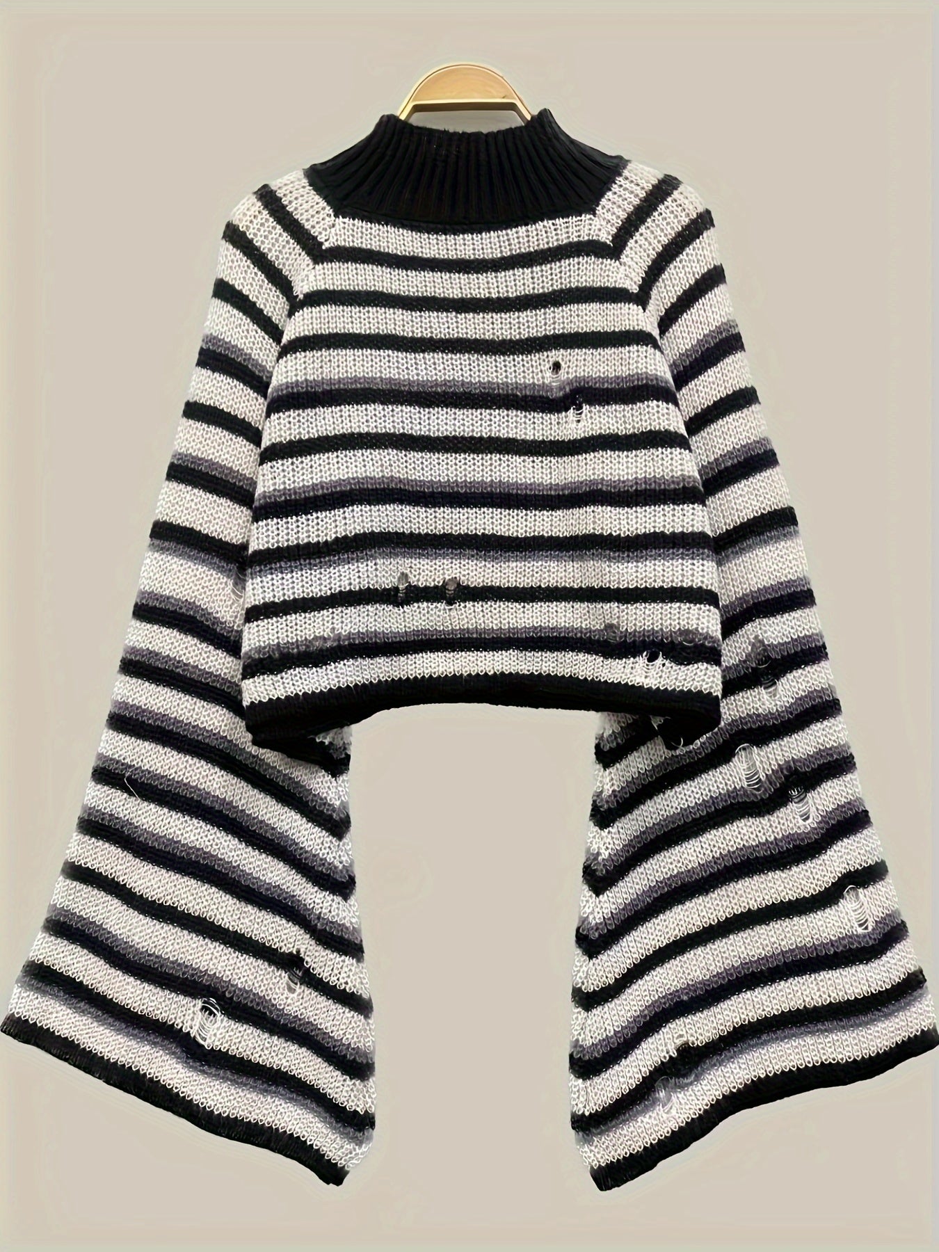  Punk Sweater Women's Plus Colorblock Stripe Print Bell Sleeve Mock Nec