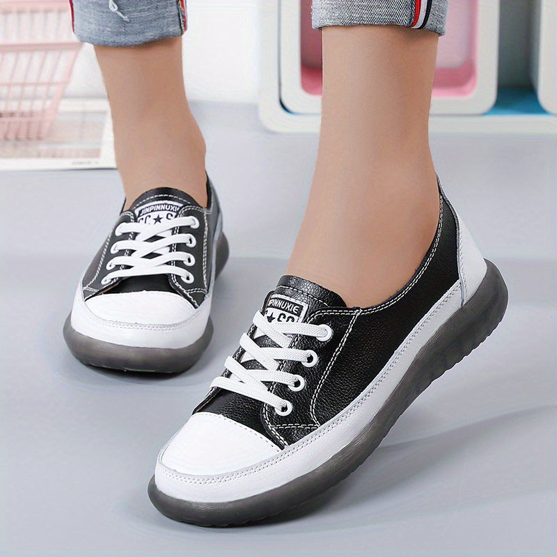 Women's Lace Up Flat Sneakers Low Top Shoes Soft Sole Faux Leather