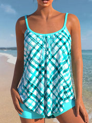  Tankini Set Women's Grid Print Tie Front Cami Top & Shorts
