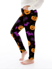  Halloween Leggings All-Over Pumpkin & Bat Print High Rise Leggings